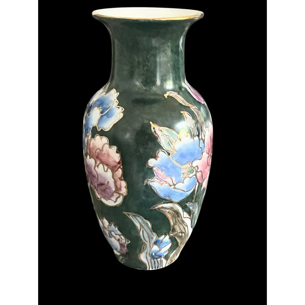 Vintage Hand Painted Chinese Porcelain Floral Vase Emerald Green Gilt 6.5in